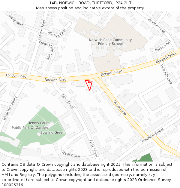 14B, NORWICH ROAD, THETFORD, IP24 2HT: Location map and indicative extent of plot