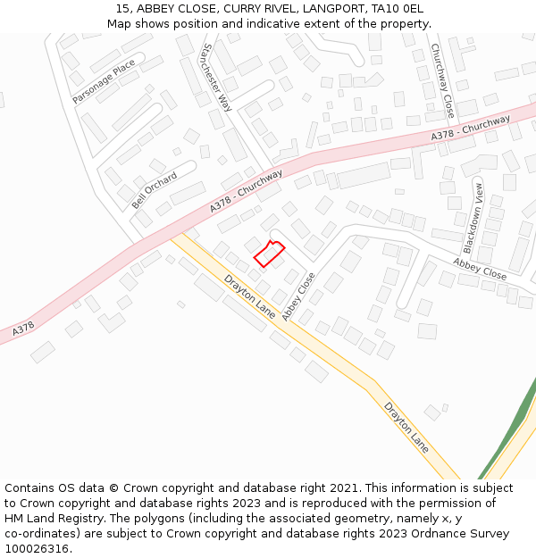 15, ABBEY CLOSE, CURRY RIVEL, LANGPORT, TA10 0EL: Location map and indicative extent of plot