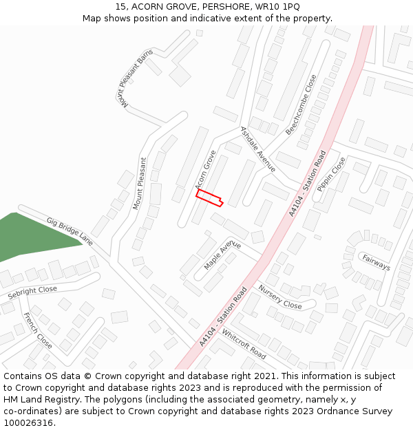 15, ACORN GROVE, PERSHORE, WR10 1PQ: Location map and indicative extent of plot