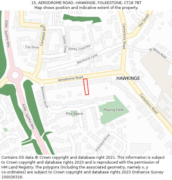 15, AERODROME ROAD, HAWKINGE, FOLKESTONE, CT18 7BT: Location map and indicative extent of plot