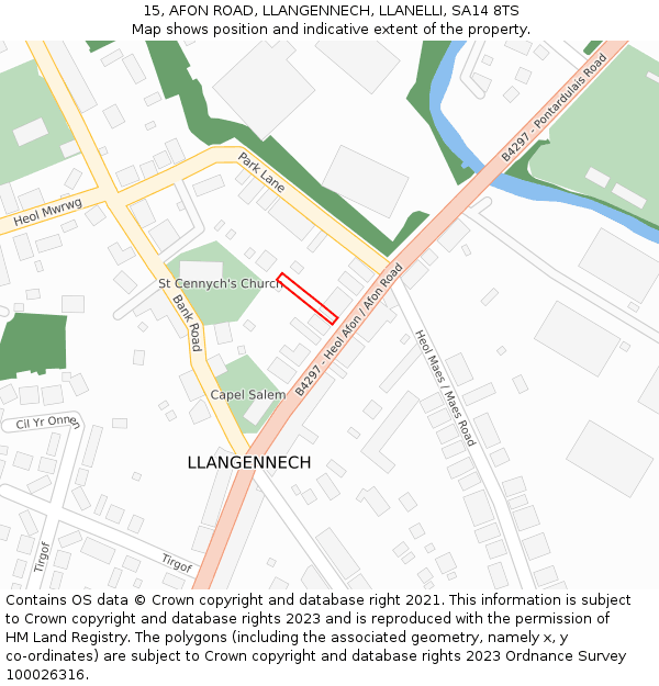 15, AFON ROAD, LLANGENNECH, LLANELLI, SA14 8TS: Location map and indicative extent of plot