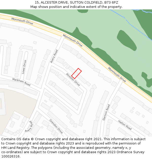 15, ALCESTER DRIVE, SUTTON COLDFIELD, B73 6PZ: Location map and indicative extent of plot