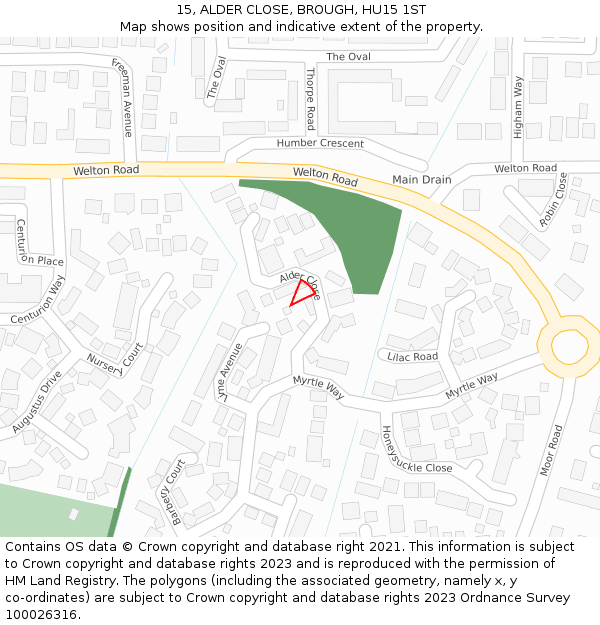 15, ALDER CLOSE, BROUGH, HU15 1ST: Location map and indicative extent of plot