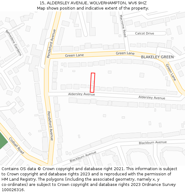 15, ALDERSLEY AVENUE, WOLVERHAMPTON, WV6 9HZ: Location map and indicative extent of plot