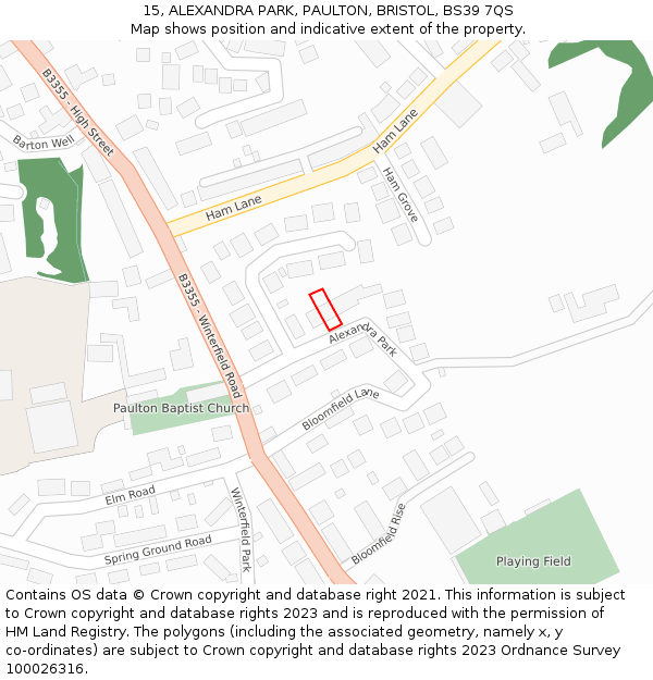 15, ALEXANDRA PARK, PAULTON, BRISTOL, BS39 7QS: Location map and indicative extent of plot