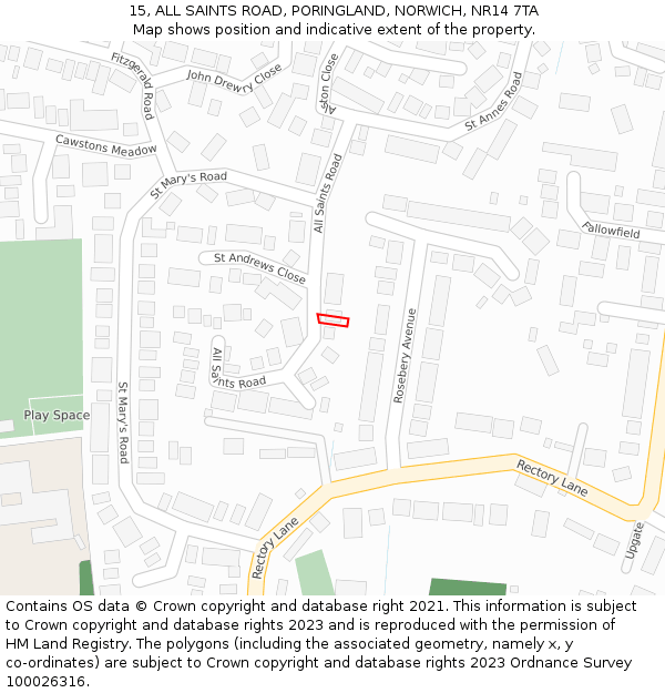 15, ALL SAINTS ROAD, PORINGLAND, NORWICH, NR14 7TA: Location map and indicative extent of plot