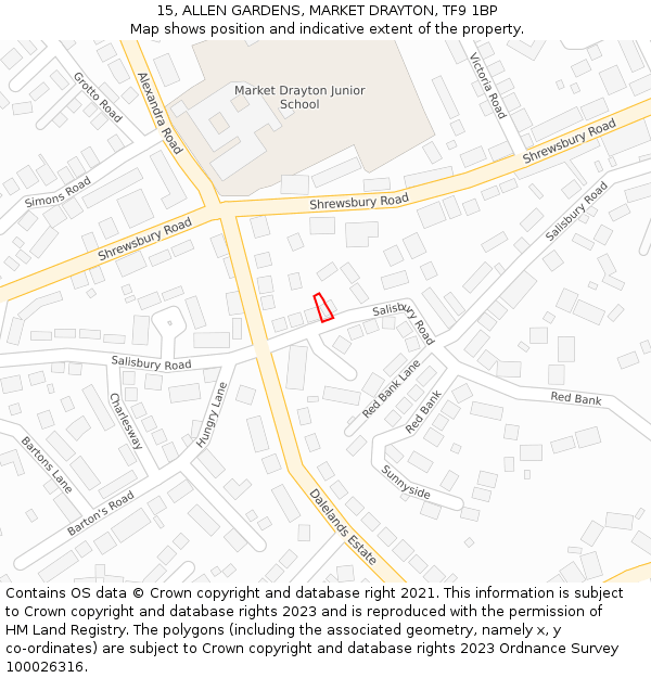 15, ALLEN GARDENS, MARKET DRAYTON, TF9 1BP: Location map and indicative extent of plot