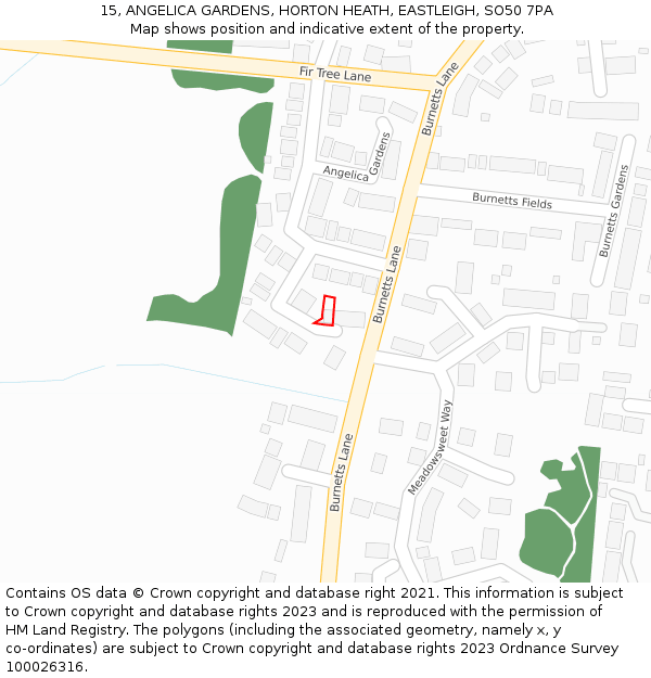 15, ANGELICA GARDENS, HORTON HEATH, EASTLEIGH, SO50 7PA: Location map and indicative extent of plot