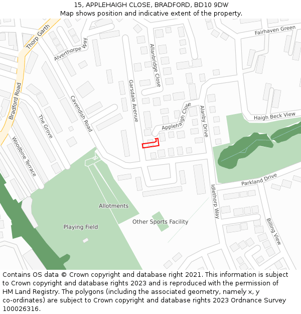 15, APPLEHAIGH CLOSE, BRADFORD, BD10 9DW: Location map and indicative extent of plot