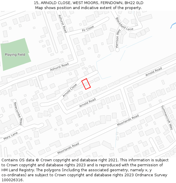 15, ARNOLD CLOSE, WEST MOORS, FERNDOWN, BH22 0LD: Location map and indicative extent of plot