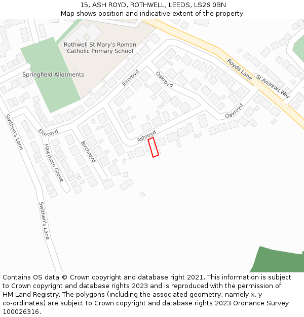 15, ASH ROYD, ROTHWELL, LEEDS, LS26 0BN: Location map and indicative extent of plot