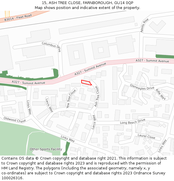 15, ASH TREE CLOSE, FARNBOROUGH, GU14 0QP: Location map and indicative extent of plot