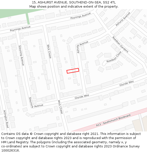 15, ASHURST AVENUE, SOUTHEND-ON-SEA, SS2 4TL: Location map and indicative extent of plot