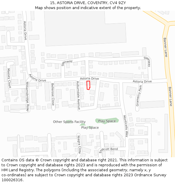 15, ASTORIA DRIVE, COVENTRY, CV4 9ZY: Location map and indicative extent of plot