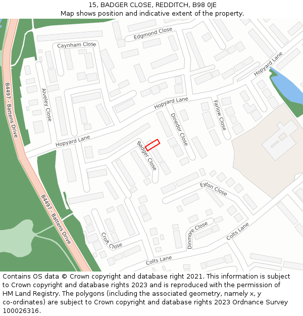 15, BADGER CLOSE, REDDITCH, B98 0JE: Location map and indicative extent of plot