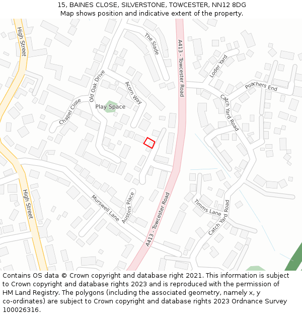 15, BAINES CLOSE, SILVERSTONE, TOWCESTER, NN12 8DG: Location map and indicative extent of plot