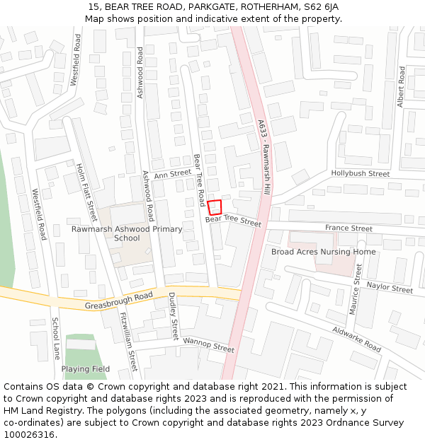 15, BEAR TREE ROAD, PARKGATE, ROTHERHAM, S62 6JA: Location map and indicative extent of plot