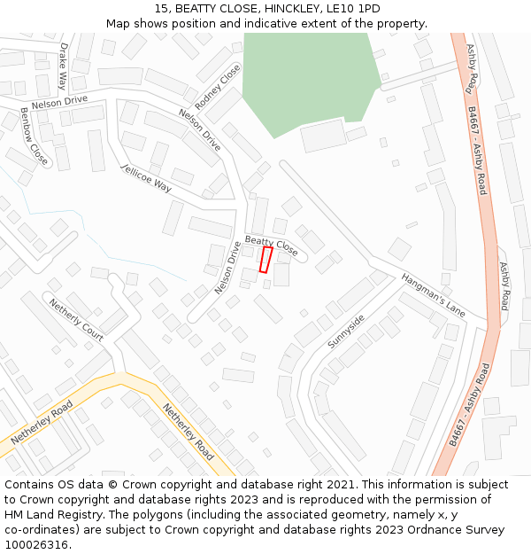 15, BEATTY CLOSE, HINCKLEY, LE10 1PD: Location map and indicative extent of plot