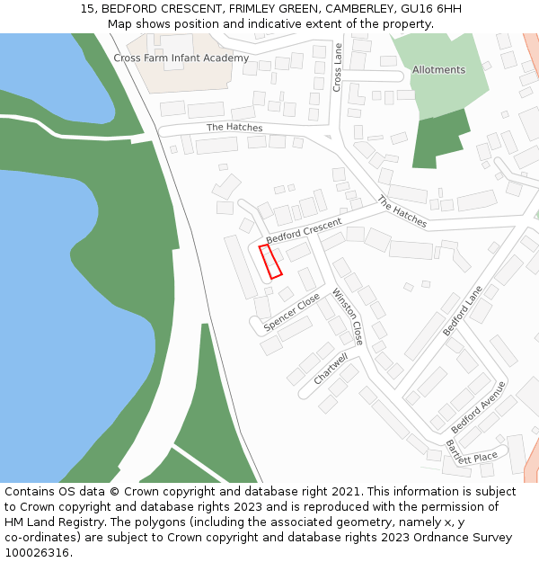 15, BEDFORD CRESCENT, FRIMLEY GREEN, CAMBERLEY, GU16 6HH: Location map and indicative extent of plot