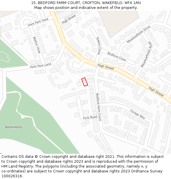15, BEDFORD FARM COURT, CROFTON, WAKEFIELD, WF4 1AN: Location map and indicative extent of plot
