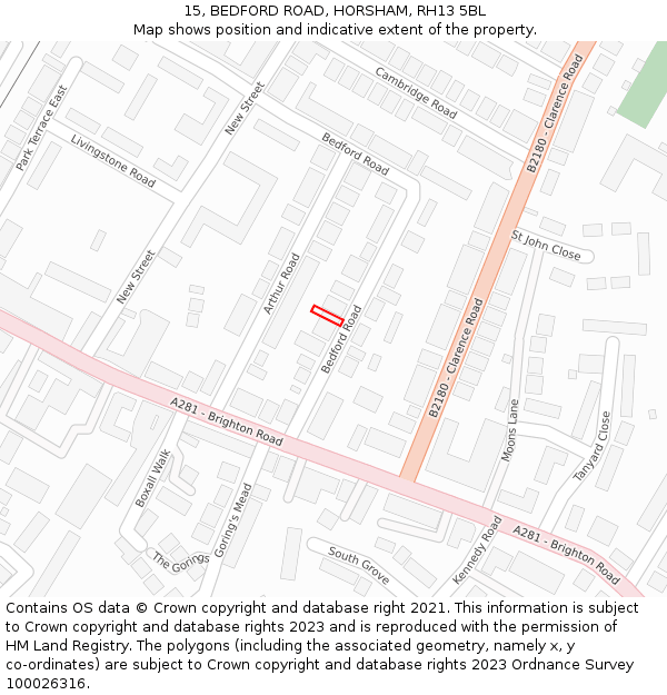 15, BEDFORD ROAD, HORSHAM, RH13 5BL: Location map and indicative extent of plot