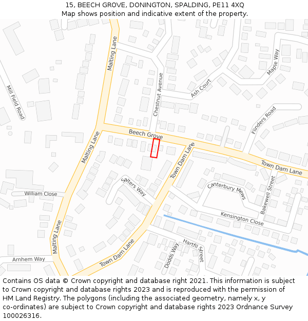 15, BEECH GROVE, DONINGTON, SPALDING, PE11 4XQ: Location map and indicative extent of plot