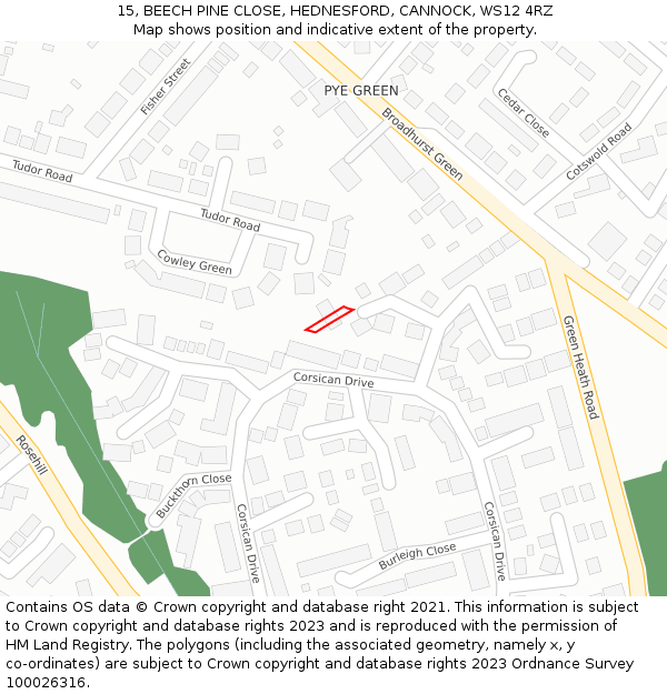 15, BEECH PINE CLOSE, HEDNESFORD, CANNOCK, WS12 4RZ: Location map and indicative extent of plot