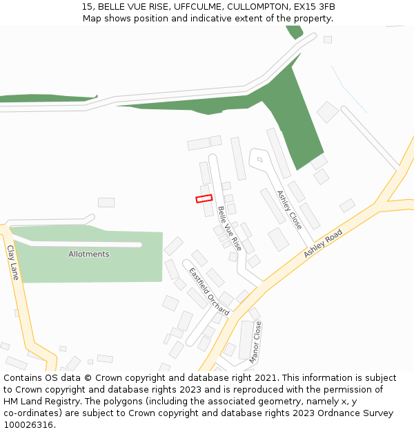 15, BELLE VUE RISE, UFFCULME, CULLOMPTON, EX15 3FB: Location map and indicative extent of plot