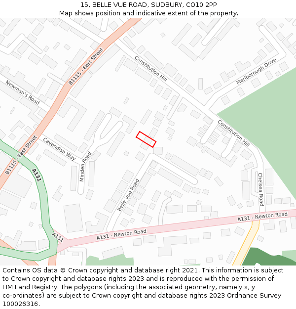 15, BELLE VUE ROAD, SUDBURY, CO10 2PP: Location map and indicative extent of plot
