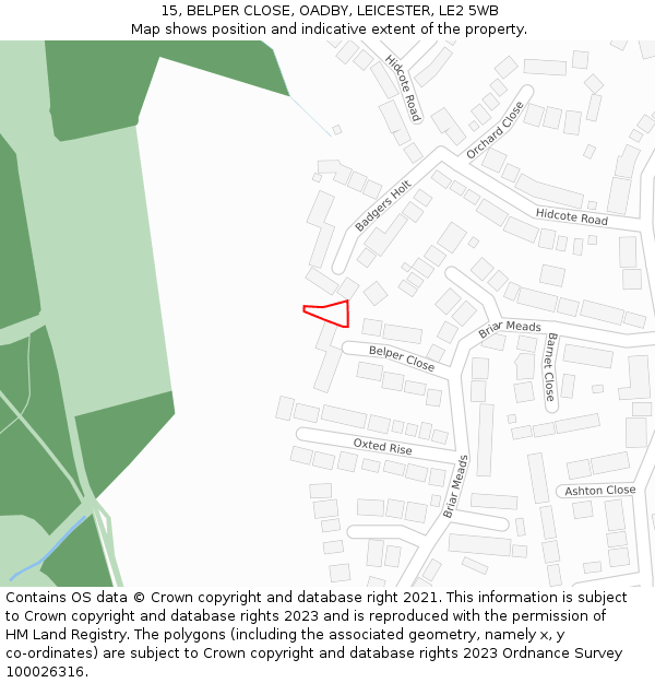 15, BELPER CLOSE, OADBY, LEICESTER, LE2 5WB: Location map and indicative extent of plot