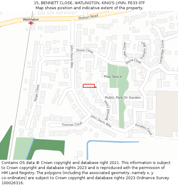 15, BENNETT CLOSE, WATLINGTON, KING'S LYNN, PE33 0TF: Location map and indicative extent of plot