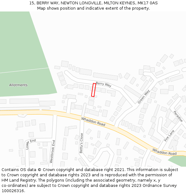 15, BERRY WAY, NEWTON LONGVILLE, MILTON KEYNES, MK17 0AS: Location map and indicative extent of plot