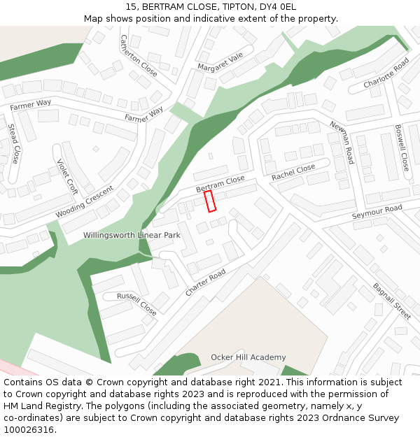 15, BERTRAM CLOSE, TIPTON, DY4 0EL: Location map and indicative extent of plot