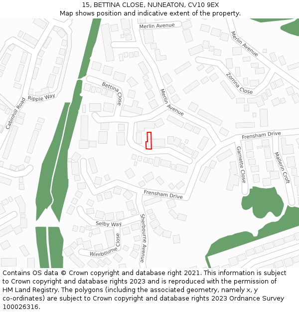 15, BETTINA CLOSE, NUNEATON, CV10 9EX: Location map and indicative extent of plot