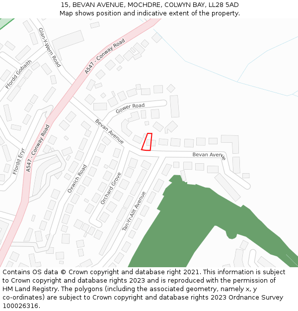 15, BEVAN AVENUE, MOCHDRE, COLWYN BAY, LL28 5AD: Location map and indicative extent of plot