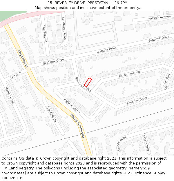 15, BEVERLEY DRIVE, PRESTATYN, LL19 7PY: Location map and indicative extent of plot