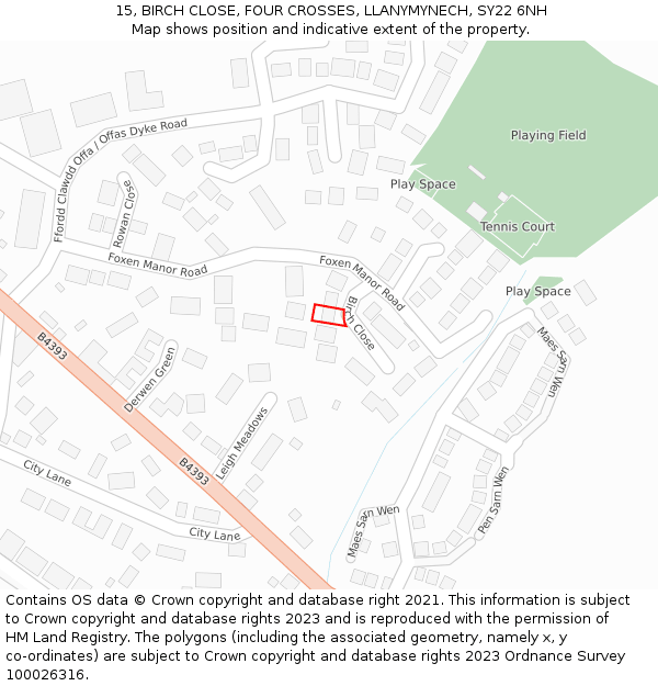 15, BIRCH CLOSE, FOUR CROSSES, LLANYMYNECH, SY22 6NH: Location map and indicative extent of plot