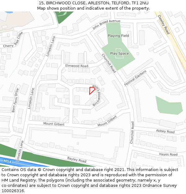 15, BIRCHWOOD CLOSE, ARLESTON, TELFORD, TF1 2NU: Location map and indicative extent of plot