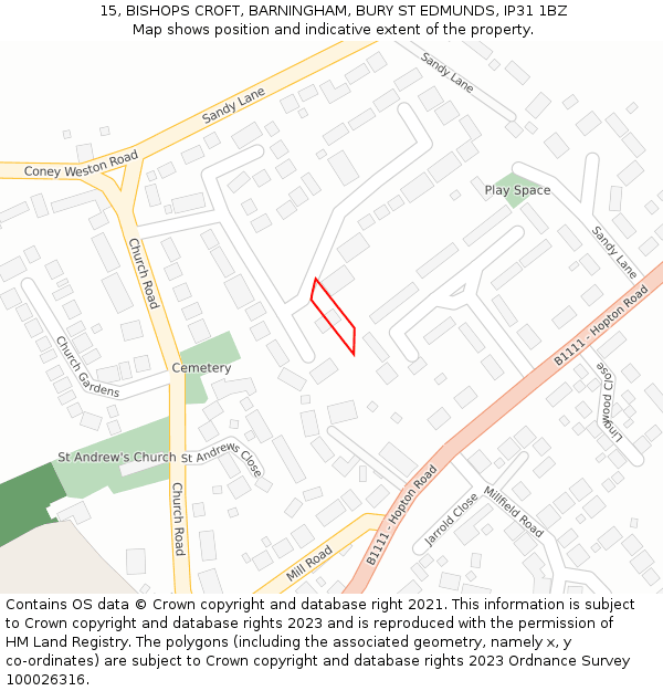 15, BISHOPS CROFT, BARNINGHAM, BURY ST EDMUNDS, IP31 1BZ: Location map and indicative extent of plot
