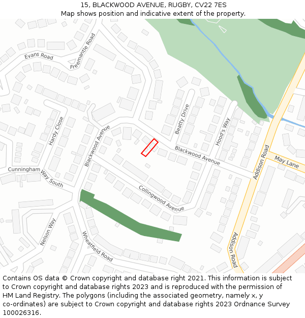 15, BLACKWOOD AVENUE, RUGBY, CV22 7ES: Location map and indicative extent of plot