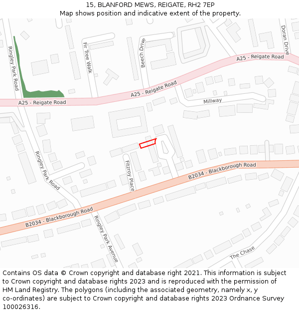15, BLANFORD MEWS, REIGATE, RH2 7EP: Location map and indicative extent of plot
