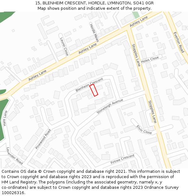 15, BLENHEIM CRESCENT, HORDLE, LYMINGTON, SO41 0GR: Location map and indicative extent of plot