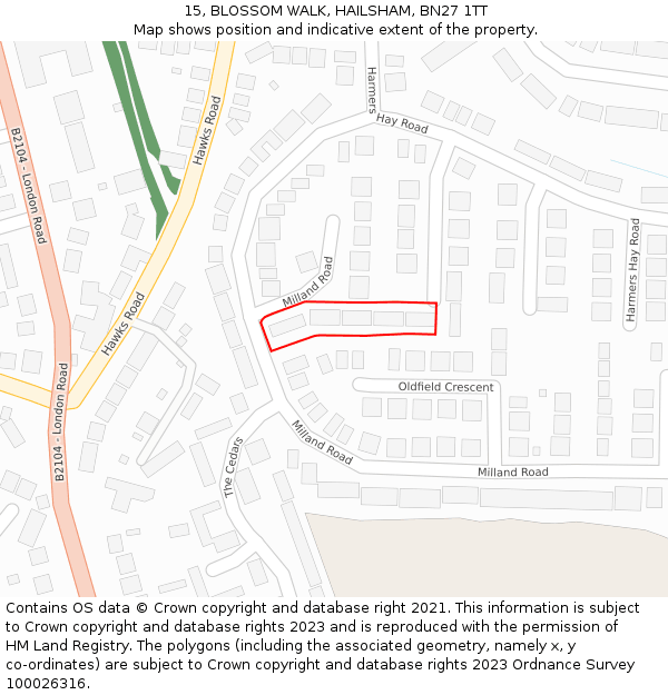 15, BLOSSOM WALK, HAILSHAM, BN27 1TT: Location map and indicative extent of plot