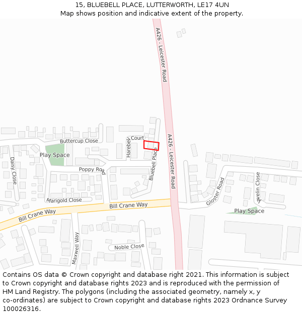 15, BLUEBELL PLACE, LUTTERWORTH, LE17 4UN: Location map and indicative extent of plot