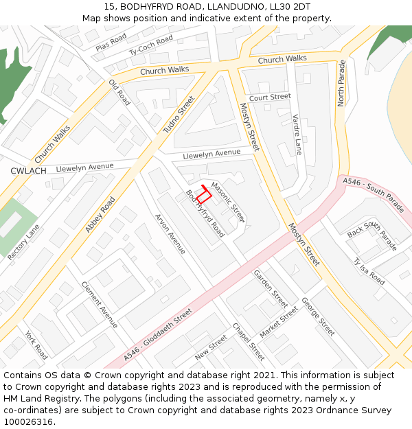 15, BODHYFRYD ROAD, LLANDUDNO, LL30 2DT: Location map and indicative extent of plot