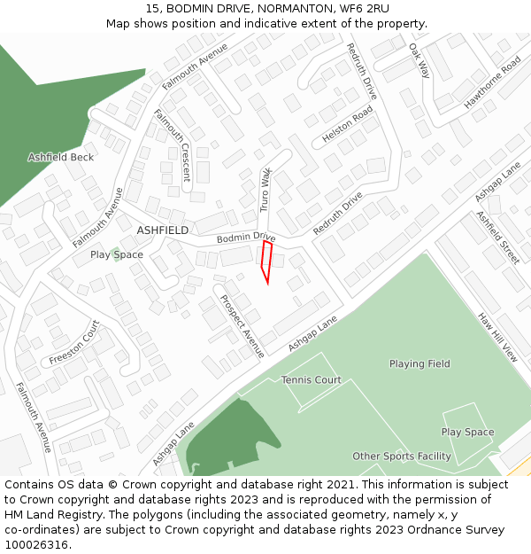 15, BODMIN DRIVE, NORMANTON, WF6 2RU: Location map and indicative extent of plot