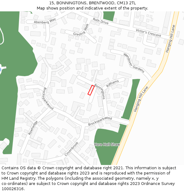 15, BONNINGTONS, BRENTWOOD, CM13 2TL: Location map and indicative extent of plot