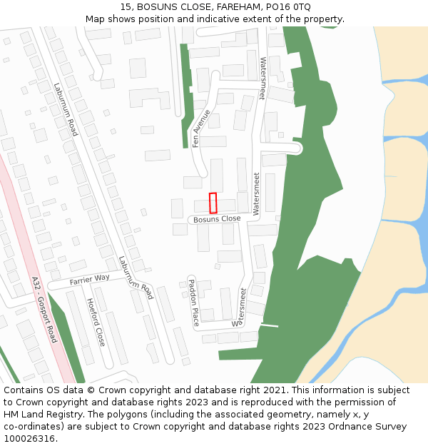 15, BOSUNS CLOSE, FAREHAM, PO16 0TQ: Location map and indicative extent of plot