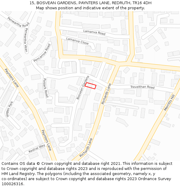 15, BOSVEAN GARDENS, PAYNTERS LANE, REDRUTH, TR16 4DH: Location map and indicative extent of plot