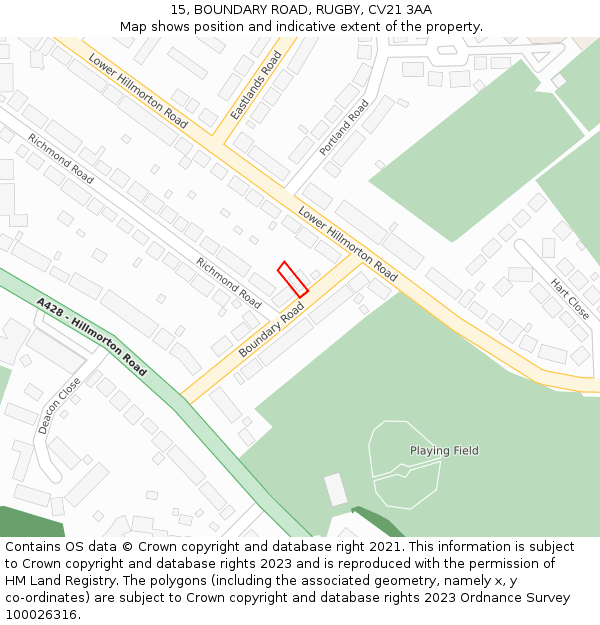 15, BOUNDARY ROAD, RUGBY, CV21 3AA: Location map and indicative extent of plot